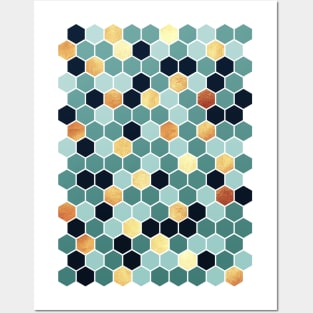 Teal and Gold Hexagon Pattern Posters and Art